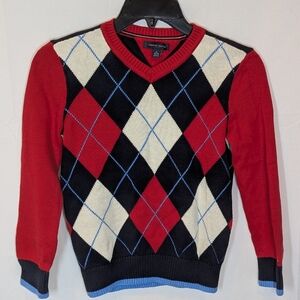 Tommy Hilfiger Boys' Cotton V-neck Classic Navy/Red Argyle Sweater size M (8-10)
